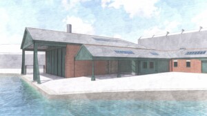 An artist's rendition of the completed rebuild of Underfall Yard workshops