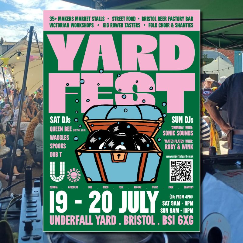 A flyer for Yard Fest, filled with information about DJs, live music, and various activities.