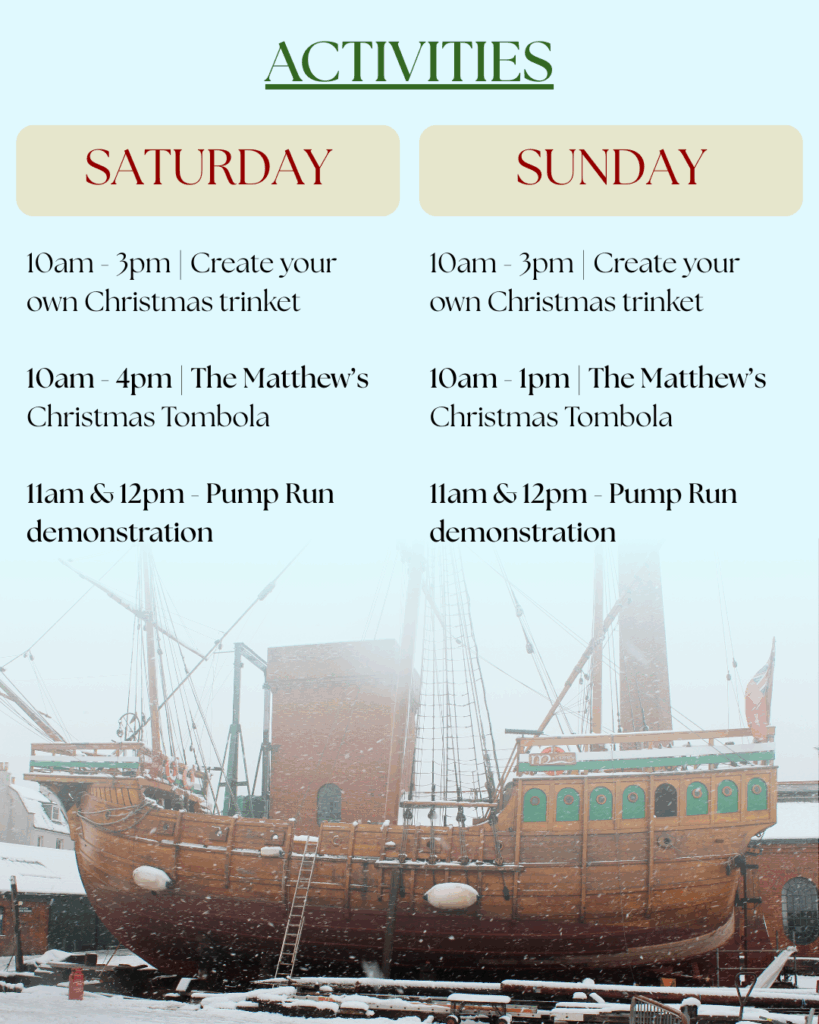 A poster detailing the activities taking place during the Christmas Fair. An image of The Matthew, a large Bristol ship, is at the bottom