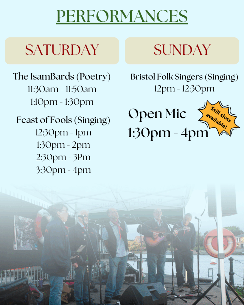 A graphic detailing the different performances taking place during the Christmas Fair. An image of small choir performing at Underfall Yard is at the bottom.