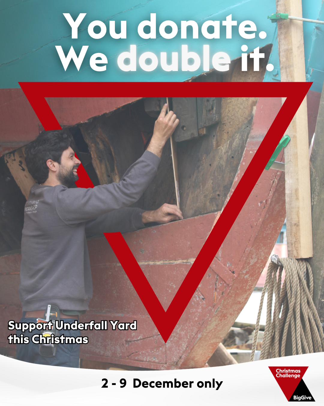 A boatbuilder working on a large wooden boat while smiling. Donating to Underfall Yard Trust through Big Give will double the amount.