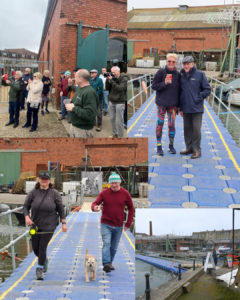 A collage of people celebrating the opening the bridge. with photos as well of individuals crossing the bridge with their dog
