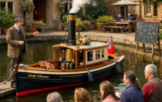 A man in Victorian-clothing talking to crowd of individuals next to a moored steam boat. A steam boat called 'Lady Eleanor' is on the water in and shows steam coming out of the pipe.