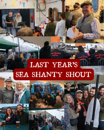 Sea Shanty 2025 collage Collage of smiling musicians, singers, crowds, and festivalgoers at a lively sea shanty event, with bold text: “LAST YEAR’S SEA SHANTY SHOUT.”