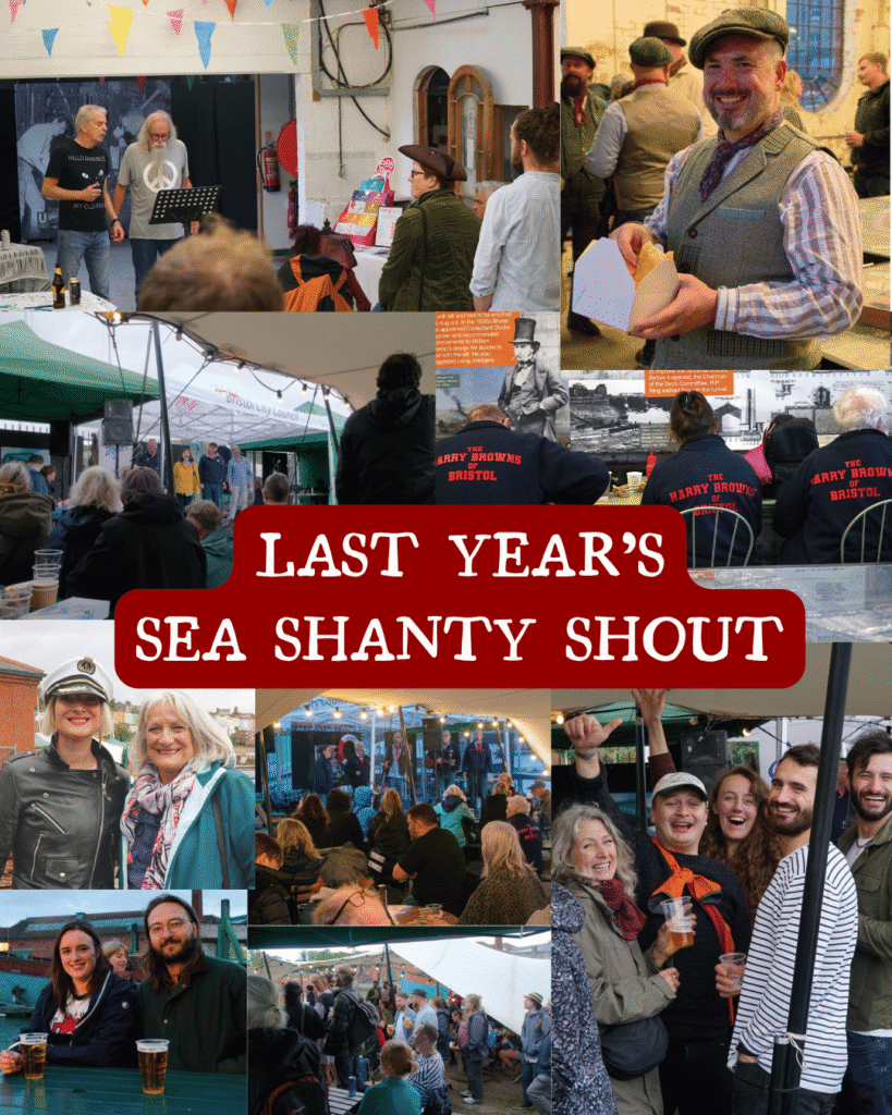 Collage of smiling musicians, singers, crowds, and festivalgoers at a lively sea shanty event, with bold text: “LAST YEAR’S SEA SHANTY SHOUT.”