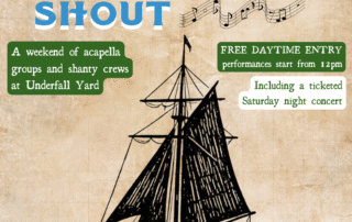 A poster advertising a sea shanty festival in Bristol. A sketching of a sail boat with sailors is in the centre, with text about free entry into the event and a ticketed concert surrounding it