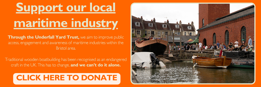 Orange banner text calling for donations for maritime industries in Bristol. The photo on the right shows a working boatyard with workers and visitors on site next to a Victorian-era workshop