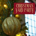 A glittering gold bauble hangs on a warmly lit Christmas tree at Underfall Yard beside a red “Christmas Yard Party” title, creating a festive, cosy mood perfect for a Christmas party